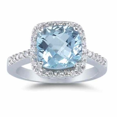 1/3 Carat Diamond and Aquamarine Ring, 14K White Gold - - GEMAQ-3 1/3 Carat Diamond and Aquamarine Ring, 14K White Gold - - GEMAQ-3