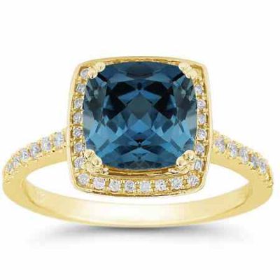 Cushion-Cut Deep London Blue Topaz/Diamond Halo Ring, 14K Yellow Gold -  - RXP-10R-1500LBTY