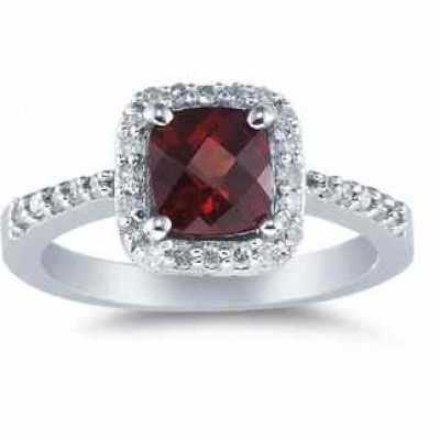 Cushion-Cut Garnet and Diamond Ring, 14K White Gold -  - AOGRG-GT108