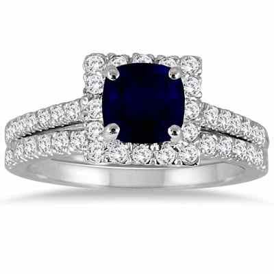 Cushion-Cut Genuine Sapphire and Diamond Halo Ring in 14K White Gold -  - BSS51599SP