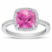 Cushion-Cut Pink Topaz and Diamond Halo Ring in Sterling Silver