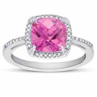 Cushion-Cut Pink Topaz and Diamond Halo Ring in Sterling Silver