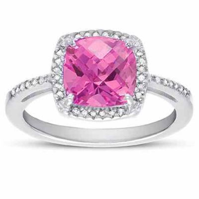 Cushion-Cut Pink Topaz and Diamond Halo Ring in Sterling Silver -  - MK-RB3054AQSD
