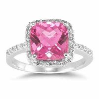 Cushion Cut Pink Topaz and Diamond Ring, 14K White Gold