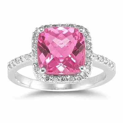 Cushion Cut Pink Topaz and Diamond Ring, 14K White Gold -  - SPR7774PZ