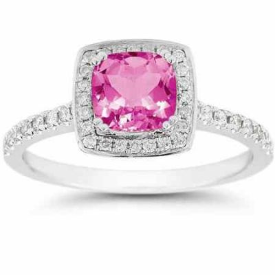 Cushion-Cut Pink Topaz Halo Ring, 14K White Gold -  - RXP-10R-1500PT