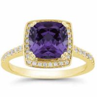 Cushion-Cut Purple Amethyst Diamond Halo Ring, 14K Yellow Gold