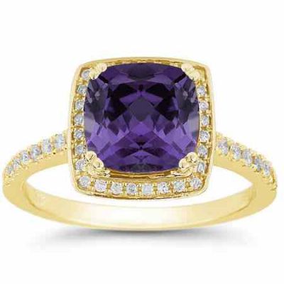 Cushion-Cut Purple Amethyst Diamond Halo Ring, 14K Yellow Gold -  - RXP-10R-1500AMY