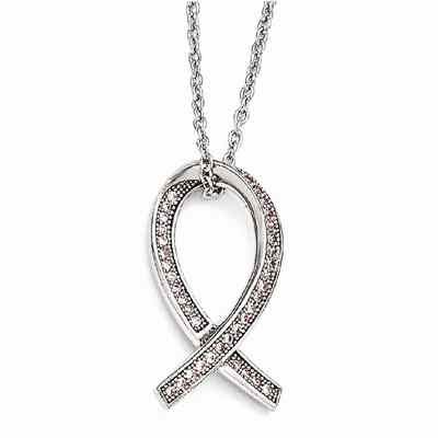 CZ Brilliant Embers Polished Awareness Ribbon Necklace Sterling Silver -  - QGPD-QMP1124-18