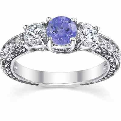 Diamond and Tanzanite Floret Engagement Ring, 14K White Gold -  - QDR-6-DTZ