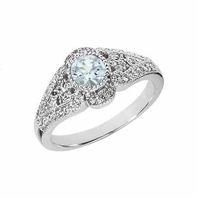 Diamond Art Deco Design Ring with Aquamarine Center Stone, White Gold -  - US-CSR431WAQ