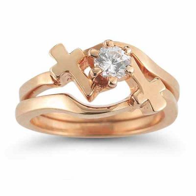Diamond Cross Wedding Ring Bridal Set in 14K Rose Gold -  - AOGEGR-3632R