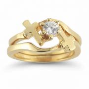 Diamond Cross Wedding Ring Bridal Set in 14K Yellow Gold