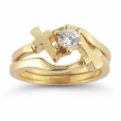CZ Cross Engagement and Wedding Ring Set in 14K Yellow Gold -  - AOGEGR-3632YCZ