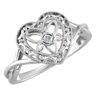 Diamond Filigree Heart Ring, Sterling Silver -  - STLRG-68941