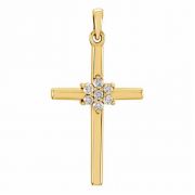 Diamond Flower Cross Pendant, 14K Yellow Gold