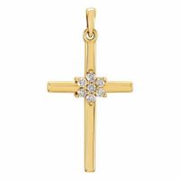 Diamond Flower Cross Pendant, 14K Yellow Gold