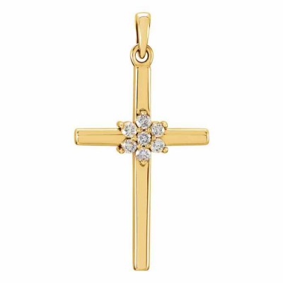 Diamond Flower Cross Pendant, 14K Yellow Gold -  - STLCR-R42324Y