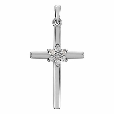 Diamond Flower Petal Cross Necklace, 14K White Gold -  - STLCR-R42324W