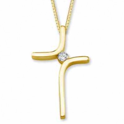 Diamond Solitaire Cross Pendant, 14K Yellow Gold -  - DCR-11