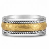 Domed Hammered Wedding Band in 14K Two-Tone Gold