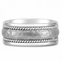 Domed Hammered Wedding Band in 18K White Gold