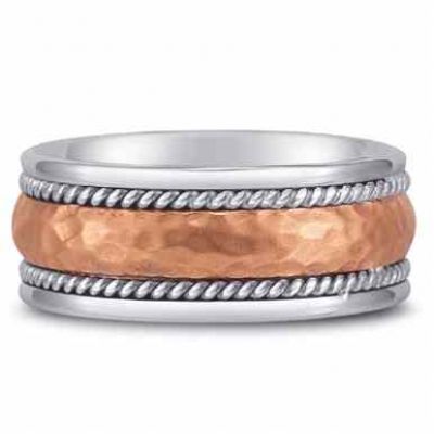 Domed Hammered Wedding Band in 18K White and Rose Gold -  - WEDLW-9-WP-18K