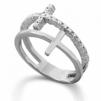 Double Cross CZ Ring in Sterling Silver -  - MMARG-83630