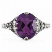 Edwardian Style Floral Design Oval Amethyst Ring in Sterling Silver