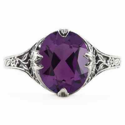 Edwardian Style Floral Design Oval Amethyst Ring in 14K White Gold -  - HGO-OV044AMW