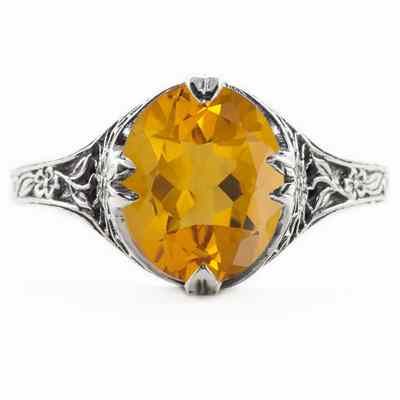Edwardian Style Floral Design Oval Citrine Ring in Sterling Silver -  - HGO-OV044CTSS