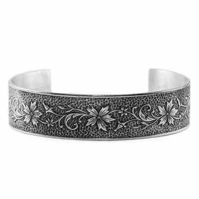 Edwardian-Style Flower and Buds Cuff Bangle Bracelet, Sterling Silver -  - HGOB-6-C