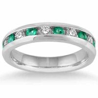 Emerald and Diamond Channel Band, 14K White Gold