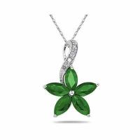 Emerald and Diamond Flower Pendant in 10K White Gold