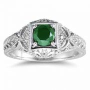 Emerald and Diamond Victorian Ring in 14K White Gold