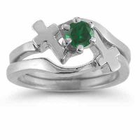 Emerald Cross Wedding Ring/Bridal Engagement Ring Set, 14K White Gold