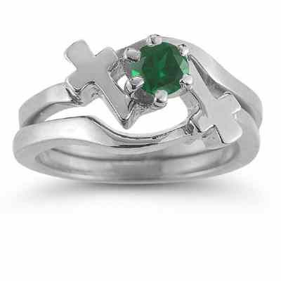 Emerald Cross Wedding Ring/Bridal Engagement Ring Set, 14K White Gold -  - AOGEGR-3632EMW