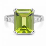 Emerald-Cut 5 Carat Peridot and Baguette Diamond Ring 14K White Gold