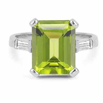 Emerald-Cut 5 Carat Peridot and Baguette Diamond Ring 14K White Gold -  - AOGRG-PD-1