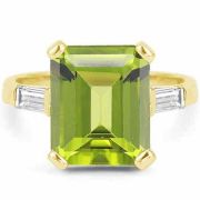 Emerald-Cut 5 Carat Peridot and Baguette Diamond Ring 14K Yellow Gold