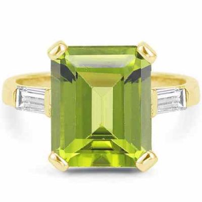 Emerald-Cut 5 Carat Peridot and Baguette Diamond Ring 14K Yellow Gold -  - AOGRG-PD-1Y