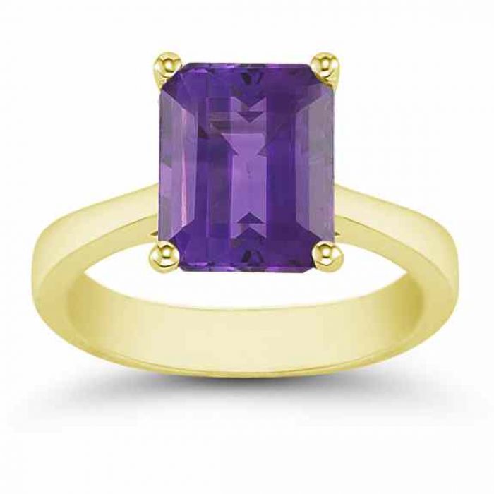 Rings : Emerald-Cut Amethyst Solitaire Ring, 14K Yellow Gold