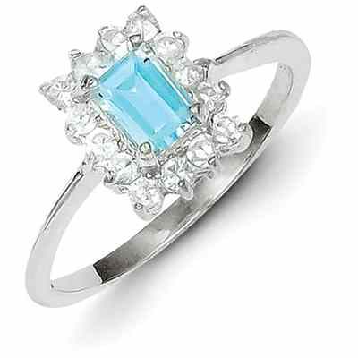 Emerald-Cut Blue Topaz Gemstone & CZ Ring, Sterling Silver -  - QGRG-QR695