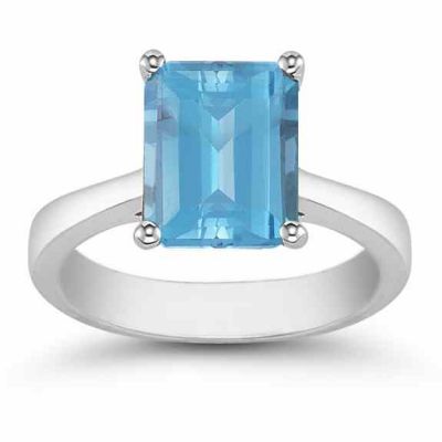 Emerald Cut Blue Topaz Solitaire Ring, 14K White Gold -  - AOGRG-5-BTW