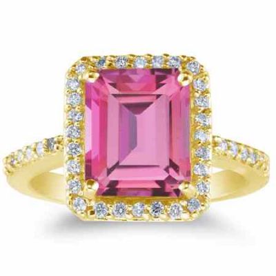 Emerald-Cut Pink Topaz and Diamond Cocktail Ring 14K Yellow Gold -  - SPR7769PZY
