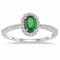 Emerald Diamond Halo Ring, 10K White Gold