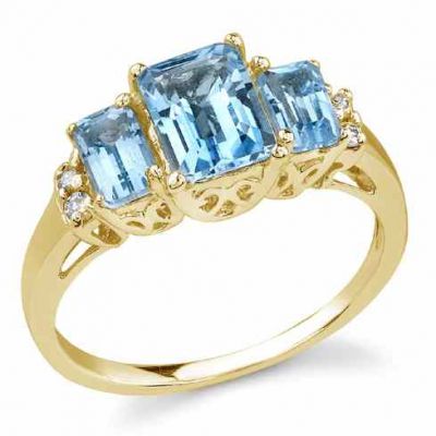 Emerald-Shaped Three-Stone Cathedral Blue Topaz Ring 14K Yellow Gold -  - GBTR-5Y