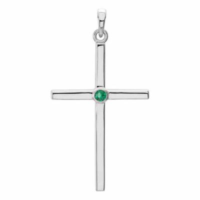 Emerald Solitaire Cross Necklace, 14K White Gold -  - STLCR-R42325EMW