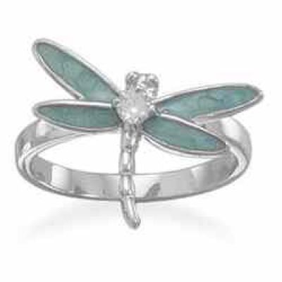Enameled Dragonfly Sterling Silver Ring with CZ Accent -  - MMA-82391