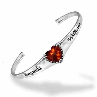 Engraved Birthstone Heart Cuff Bracelet with CZ in Sterling Silver -  - JABR-NB71353-SS